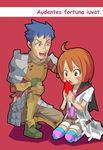  1girl ahoge armor armored_boots blue_hair blush boots breastplate brown_hair cape full_body green_eyes latin medic_(sekaiju) one_knee seiza sekaiju_no_meikyuu short_hair sitting spiked_hair swordsman_(sekaiju) tareme tenjin thighhighs 