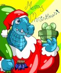 2025 4_fingers absurd_res alligatorid anthro azurlligator bent_arm blue_body blue_claws blue_scales cel_shading christmas_present claws closed_smile clothed clothed_male clothing colored costume crocodilian digital_drawing_(artwork) digital_media_(artwork) english_description eternal_forwardness exclamation_point eyebrow_through_hat facial_scar fingers gift half-length_portrait happy hat headgear headwear hi_res holding_gift holding_object holding_sack holiday_message jewelry light lighting male male_anthro membrane_(anatomy) mouth_closed multicolored_body multicolored_scales nathile_tiduna necklace portrait pupils red_clothing red_hat red_headwear red_sweater red_topwear reptile sack santa_costume sashablueowl scales scalie scar scutes shaded sharp_teeth simple_background slit_pupils smile solo sweater teeth thin_eyebrows topwear two_tone_body two_tone_scales webbed_hands yellow_scutes