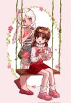  2girls :d angel_wings atlus blush bright_pupils brown_hair child closed_mouth company_connection curtained_hair doujima_nanako eyelashes flower_wreath happy hashtag-only_commentary head_wreath highres laishamark92077 maria_(metaphor:_refantazio) medium_hair metaphor:_refantazio multiple_girls on_swing persona persona_4 red_shoes red_skirt shoes short_hair sitting skirt smile sweater swing white_hair white_pupils white_sweater wings 