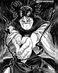  1boy choso_(jujutsu_kaisen) commentary_request crosshatching facial_mark foreshortening frown greyscale hatching_(texture) highres instagram_username jujutsu_kaisen linear_hatching male_focus monochrome pillarboxed robe serious seveninks short_twintails solo spanish_commentary twintails upper_body v-shaped_eyebrows 
