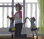  animal_ears bag barefoot black_eyes black_hair cat_ears cat_tail commentary_request curtains denim hair_brushing hairdressing jeans kindergarten kindergarten_uniform kneeling long_hair mensoubou mother_and_daughter multiple_girls original pants raglan_sleeves school_uniform short_hair tail 