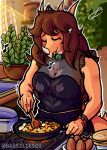 anthro appliance aquilops artist_name bass1l1ssc0 big_breasts biped black_clothing black_dress bracelet breasts brown_hair ceratopsian clothed clothed_anthro clothed_female clothing colored cooking cookware day dinosaur dress eyes_closed facial_horn female fingers floral_print food front_view frying_pan goodbye_volcano_high hair happy hi_res horn houseplant humanoid_hands inside jewelry kitchen kitchen_utensils ko_op_(game_developer) long_hair marginocephalian non-mammal_breasts orange_body ornithischian outline prehistoric_species reptile rosa_(gvh) scalie shaded signature singing solo stove tan_body text tools white_outline