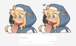  2boys ^^^ absurdres blonde_hair blue_eyes blue_hood bridget_(guilty_gear) commentary commission english_commentary fellatio guilty_gear guilty_gear_strive hair_between_eyes heart highres licking licking_penis male_focus multiple_boys oral penis ruka481 trap white_background yaoi 