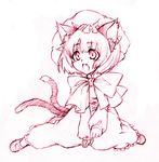  animal_ears bad_id bad_pixiv_id cat_ears cat_tail chen earrings fang hat jewelry monochrome multiple_tails pink short_hair sketch solo tail touhou zosumaru 