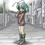  alley alternate_costume antennae boots casual contemporary denim denim_skirt green_hair miniskirt pantyhose skirt solo sweater touhou winn wriggle_nightbug 