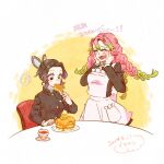  ! 2girls apron blush braid breasts butterfly_hair_ornament catchmgck chair closed_eyes commentary_request cup dated demon_slayer_uniform eating food fork green_hair hair_ornament hands_on_own_cheeks hands_on_own_face highres holding holding_fork kanroji_mitsuri kimetsu_no_yaiba kochou_shinobu long_sleeves mole mole_under_each_eye mole_under_eye multicolored_hair multiple_girls multiple_moles open_mouth pancake pancake_stack parted_bangs pink_hair purple_eyes raised_eyebrows short_hair simple_background sitting small_breasts spoken_exclamation_mark syrup table teacup translation_request tri_braids upper_body white_apron white_background 