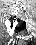  1girl breasts chinese_clothes commentary garuda_(jujutsu_kaisen) greyscale hand_on_own_hip heart high-waist_pants highres instagram_username jujutsu_kaisen large_breasts long_hair monochrome one_eye_closed pants pillarboxed seveninks smile solo toned toned_female tsukumo_yuki_(jujutsu_kaisen) upper_body very_long_hair 