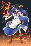  absurdres blue_hair boots dress fire food fruit gengorou grin hat highres hinanawi_tenshi long_hair peach red_eyes smile solo sword sword_of_hisou touhou weapon 