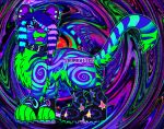 2026 abstract_background ambiguous_gender armwear big_feet bright_colors claws clothing collar colorful_theme cool_colors coontail_hair countershading ear_piercing eyebrows feet felid feral feral_with_hair footwear fur hair hi_res mammal multicolored_body multicolored_fur neon_colors open_mouth pantherine paws piercing scar self-harm_scars shoes skunkbitez sneakers socks solo sparklefur spiral_background spiral_markings standing stripes tiger watermark