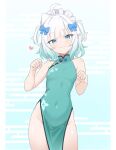  1girl ahoge alternate_costume aqua_dress aqua_hair aura_(aurapls) bare_arms bare_shoulders black_trim blue_bow blue_eyes blunt_bangs bow breasts china_dress chinese_clothes closed_mouth commentary covered_navel cowboy_shot densetsu.exe dot_nose dress egasumi english_commentary floral_print floral_print_dress gradient_hair hair_bow hands_up heart highres light_blush light_smile looking_at_viewer maid_headdress mint_fantome multicolored_hair pelvic_curtain pillarboxed pointy_ears print_dress sleeveless sleeveless_dress small_breasts solo standing streaked_hair tight_clothes tight_dress two-tone_hair two_side_up virtual_youtuber white_hair 