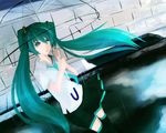  aqua_eyes aqua_hair bad_id bad_pixiv_id hako_(mypixid) hatsune_miku highres long_hair necktie rain skirt solo thighhighs twintails umbrella very_long_hair vocaloid 