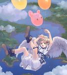  balloon blonde_hair bloomers blue_eyes cloud falling flying kuga_tsukasa landscape original scenery short_hair solo underwear wings 