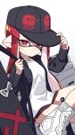  1girl bag bandaid bandaid_on_cheek bandaid_on_face baseball_cap black_hat black_jacket black_shorts closed_mouth crossed_legs dolphin_shorts guitar_case hat high_tops holding holding_bag inkling inkling_girl inkling_player_character instrument_case inuowour jacket long_hair looking_at_viewer open_clothes open_jacket partially_shaded_face pointy_ears red_eyes red_hair red_trim shirt shoes shorts simple_background sitting sneakers solo splatoon_(series) tentacle_hair white_background white_shirt white_shoes 