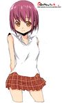  arms_behind_back cropped_legs eyebrows_visible_through_hair oekaki onija_tarou original plaid plaid_skirt purple_hair shirt short_hair simple_background skirt sleeveless sleeveless_shirt smile solo watermark web_address white_background white_shirt yellow_eyes 