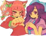  azuma_seiji blood braid brooch gem jewelry kaenbyou_rin long_sleeves looking_at_viewer multiple_girls puffy_short_sleeves puffy_sleeves purple_eyes purple_hair red_eyes red_hair reiuji_utsuho short_sleeves sidelocks third_eye touhou twin_braids 