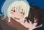  2boys @_@ ahoge akinashi_haru black_hair blonde_hair blue_background blue_eyes blush brown_cardigan cardigan close-up commentary english_commentary hair_between_eyes highres hug lemonhib looking_at_another medium_hair multiple_boys open_mouth peanut_mouth red_eyes saihate_eki shadow short_hair simple_background smile sweat tatsunami_shion yaoi 