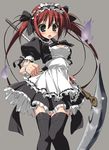  absurdres airi_(queen's_blade) blush breasts frills green_eyes highres long_hair maid medium_breasts queen's_blade red_hair ribbon scythe solo suzuri_(tennenseki) thighhighs twintails zettai_ryouiki 