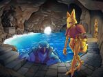 abra absurd_res ambiguous_gender anthro big_ears blue_body carracosta cave detailed_background fossil_pokemon generation_1_pokemon generation_5_pokemon half-closed_eyes hi_res hitherto inside kadabra looking_at_another multicolored_body narrowed_eyes nintendo plantigrade pokemon pokemon_(species) pokemon_mystery_dungeon sand sculpture sea_cave shell smile spike_chunsoft statue stone_floor tail two_tone_body walking water yellow_body