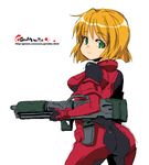  ass assault_rifle blonde_hair bodysuit cowboy_shot green_eyes gun looking_at_viewer oekaki omokane_saki onija_tarou quiz_nanairo_dreams rifle short_hair simple_background smile solo watermark weapon web_address white_background 