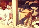 bad_id bad_pixiv_id classroom copyright_request dusk from_outside ghost honya_lala indoors kiss leaf leaning leaning_back male_focus multiple_boys window yaoi 