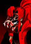  1girl black_eyes blood blood_on_arm body_horror earrings evangeline_morgan gloves grin highres hood hood_down horror_(theme) jacket jewelry long_hair mac_(thisthisthis) mask of_the_devil red_background red_hair red_jacket removing_mask smile solo 