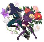  1girl bad_id bad_pixiv_id bandages brother_and_sister elbow_gloves flower gloves hood kagamine_len kagamine_rin kunai ninja siblings tama_(songe) thigh_strap thighhighs twins vocaloid weapon 