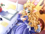  animal_ears artist_request blonde_hair cat_ears circlet copyright_request dress fang green_eyes long_hair non-web_source quill solo 