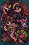  1boy 1girl absurdres aqua_background black_hair brother_and_sister carmine_(pokemon) closed_mouth colored_inner_hair commentary deadboyhole english_commentary eyelashes festival_jinbei fezandipiti hair_between_eyes hairband highres holding holding_poke_ball japanese_clothes jinbei_(clothes) kieran_(pokemon) long_hair mole mole_under_eye multicolored_hair munkidori nostrils okidogi poke_ball poke_ball_(basic) pokemon pokemon_(creature) pokemon_sv purple_hair red_hair sandals sharp_teeth short_hair short_sleeves siblings smile teeth toes two-tone_hair yellow_hairband 