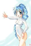  blue_eyes blue_hair breasts covered_nipples drill_hair highres kiyojirou leotard long_hair original ponytail small_breasts solo 