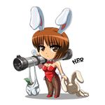  animal_ears bag bazooka brown_eyes brown_hair bunny bunny_ears bunnysuit chibi fishnet_pantyhose fishnets grocery_bag keiryu lowres original pantyhose shopping_bag short_hair solo stuffed_animal stuffed_bunny stuffed_toy weapon 