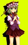  alternate_eye_color green_eyes green_hair hands_on_own_chest hat looking_at_viewer pleated_skirt rod_of_remorse shiki_eiki simple_background skirt solo standing subaru_(yachika) touhou 