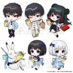  2boys 3girls animal bag black_boots black_hair black_pants black_sandals black_shoes black_shorts blue_bow blue_dress blue_sailor_collar blue_shirt blue_shorts boots bow brown_jacket brown_pants character_request check_character chibi chinese_clothes collared_shirt commentary_request crepe double_bun dress dress_shirt eyewear_hang food grey_eyes grey_hair hair_bow hair_bun hakutaku_(hoozuki_no_reitetsu) holding holding_bag holding_food holding_spoon hoozuki_(hoozuki_no_reitetsu) hoozuki_no_reitetsu ichiko_(hoozuki_no_reitetsu) jacket karashi_(hoozuki_no_reitetsu) long_hair miki_(hoozuki_no_reitetsu) multiple_boys multiple_girls niko_(hoozuki_no_reitetsu) official_art open-toe_boots open_clothes open_jacket open_mouth open_shirt pants paper_bag puffy_short_sleeves puffy_shorts puffy_sleeves purple_eyes rabbit sailor_collar sample_watermark sandals shirt shoes shopping_bag short_eyebrows short_hair short_sleeves shorts simple_background spoon sunglasses thick_eyebrows thighhighs unworn_eyewear v-shaped_eyebrows very_long_hair watermark white_background white_bow white_sailor_collar white_shirt white_thighhighs yamabukiiro zashiki-warashi 