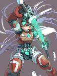  1boy absurdres armor black_eyes chest_jewel cowboy_shot energy_sword forehead_jewel grey_background grey_hair helmet highres holding holding_sword holding_weapon long_hair male_focus mega_man_(series) mega_man_zero_(series) mythos_zero_(mega_man) omochi_(mochi_skymega) red_armor red_helmet sheath simple_background solo sword weapon zero(z)_(mega_man) zero_(mega_man) 