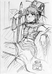  arm_support armor armpits bad_id bad_pixiv_id blush china_dress chinese_clothes cosplay couch detached_sleeves dress earrings flat_chest genshiken greyscale hair_ornament headdress hoop_earrings ink jewelry monochrome ogiue_chika oui oui_(cosplay) pen pikapoo ribbon sangokushi_taisen sitting sketch solo sweat thighhighs zettai_ryouiki 