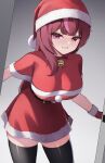 1girl bell belt black_belt black_thighhighs blush bow bowtie breasts breath choker christmas commentary cowboy_shot doorway dress fur-trimmed_dress fur-trimmed_gloves fur-trimmed_headwear fur_trim gloves grin hat highres jingle_bell jururu korean_commentary large_breasts leaning_forward long_hair looking_at_viewer multicolored_hair neck_bell nose_blush pink_eyes pink_hair puleudingding purple_eyes red_bow red_bowtie red_choker red_dress red_gloves red_hair santa_claus santa_costume santa_dress santa_hat short_dress skindentation smile solo strapless strapless_dress streaked_hair thighhighs virtual_youtuber waktaverse zettai_ryouiki 