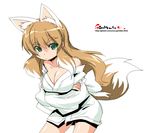  animal_ears breast_hold breasts brown_hair cleavage copyright_request fox_ears fox_tail green_eyes japanese_clothes large_breasts oekaki onija_tarou solo tail 