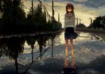  angry artist_request brown_hair chain-link_fence fence full_body long_hair looking_at_viewer non-web_source original reflection school_uniform serafuku skirt solo standing sunset wading water 