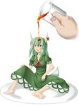  bad_id bad_pixiv_id barefoot cup ex-keine feet food green_eyes green_hair horns in_food kamishirasawa_keine minigirl out_of_frame saucer soles solo_focus syrup tail toes toritora touhou 