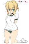  aqua_eyes blonde_hair braid copyright_request gym_uniform kneeling oekaki onija_tarou shirt socks solo t-shirt 