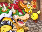  ! 1boy 1girl ^^^ armlet bandages banner beaten bone bowser bowser_logo bracelet brown_shoes checkered_floor collar colored_skin commentary food green_skin highres horns jewelry mario_&amp;_luigi_rpg mario_(series) meat multicolored_skin no_humans one_eye_closed open_mouth shoes smile spiked_armlet spiked_bracelet spiked_collar spiked_shell spikes star_(symbol) starlow symbol-only_commentary teeth turtle_shell yamari_(ya_mari_6363) yellow_scales yellow_skin 