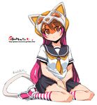  animal_ears animal_helmet cat_ears copyright_request helmet long_hair oekaki onija_tarou pink_eyes pink_hair school_uniform serafuku shoes skirt sneakers socks solo striped striped_legwear tail visor 