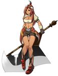  abs axe bandeau bike_shorts breasts cleavage dark_skin feathers final_fantasy final_fantasy_ix fingerless_gloves gloves hairband highres huge_weapon lani large_breasts long_hair m_ata midriff muscle muscular_female red_eyes red_hair solo strapless tubetop weapon 