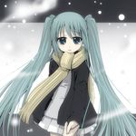  aqua_eyes aqua_hair bad_id bad_pixiv_id hajimete_no_koi_ga_owaru_toki_(vocaloid) hatsune_miku long_hair lowres minatsuki_izumi scarf skirt snow solo twintails vocaloid 