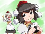  apron bespectacled cooking food glasses hat hirosato inubashiri_momiji multiple_girls onigiri shameimaru_aya tokin_hat touhou 