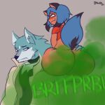 2021 anthro bawko big_butt blue_hair blush blush_lines bottom_heavy bottomless brand_new_animal brown_body butt butt_focus canid canine canis carrying_another clenched_teeth clothed clothing coat digital_drawing_(artwork) digital_media_(artwork) disgust duo eye_roll fart fart_cloud fart_fetish female flat_colors grey_background grin hair hi_res huge_fart looking_at_another's_butt male mammal michiru_kagemori narrowed_eyes onomatopoeia raccoon_dog raised_tail shirou_ogami shirt signature simple_background sitting sitting_on_another sitting_on_arm smile sound_effects straining studio_trigger tail tanuki teeth text topwear wide_hips wolf