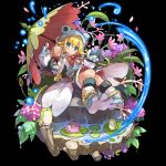  1girl animal_hood aqua_eyes black_background blonde_hair blue_gloves blue_hood blush closed_mouth cup flat_chest flipped_hair flower frog frog_girl full_body gloves highres holding holding_cup holding_umbrella hood hydrangea kickel_(merc_storia) leaf long_sleeves lotus merc_storia merc_storia_art_team motion_lines official_art overalls pink_flower shirt simple_background smile socks solo standing tachi-e umbrella water white_shirt white_socks 