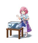  1girl animal_print apron aquarium blue_apron feeding_animal fish_print full_body green_eyes kousei_(public_planet) no_headwear okunoda_miyoi pink_hair purple_skirt shoes short_hair simple_background skirt standing table touhou whale whale_print white_background white_shoes 