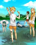  3girls :d bad_id bad_pixiv_id cloud day dirty fallen_down hatsune_miku kagamine_len kagamine_rin kaito laughing meiko mud multiple_boys multiple_girls open_mouth outdoors partially_submerged rice_paddy rice_planting shirt shorts sky smile t-shirt tama_(songe) vocaloid wading water 