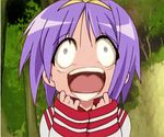  crazy_eyes higurashi_no_naku_koro_ni hiiragi_tsukasa laughing lowres lucky_star purple_hair ryouou_school_uniform school_uniform serafuku solo third-party_edit yandere 