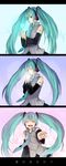  3koma ^_^ blue_hair blue_nails closed_eyes comic detached_sleeves hands_clasped happy hatsune_miku headphones heart highres long_hair nail_polish necktie own_hands_together smile tama_(songe) twintails vocaloid waveform 